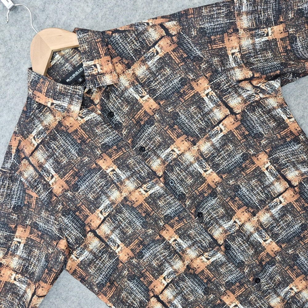Bassiri Button Down Shirt Men's Medium Brown Abstract Microfiber Short Sleeve